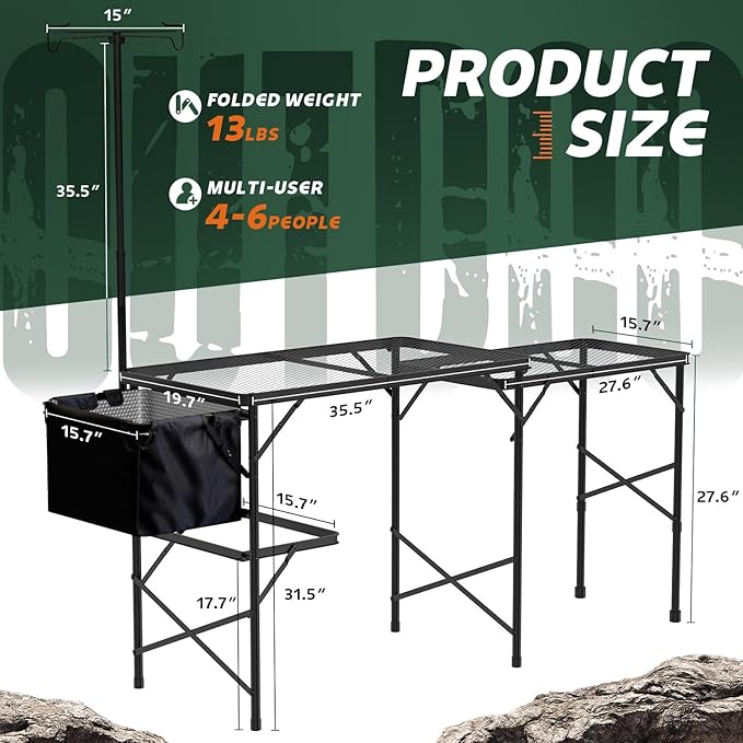 WildFinder Folding Table with Sink and Double Shelf, Camping Table Height Adjustable Folding Grill Table, Portable Outdoor Table for Picnic,Camping,BBQ,Beach,69 x20 x32 Inches(Black)