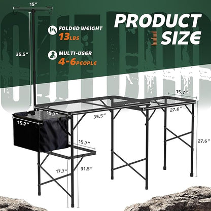 WildFinder Folding Table with Sink and Double Shelf, Camping Table Height Adjustable Folding Grill Table, Portable Outdoor Table for Picnic,Camping,BBQ,Beach,69 x20 x32 Inches(Black)