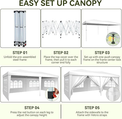 Aoxun 10x20 Pop Up Canopy Tent with 6 Removable Sidewalls, One Push Party Tent Waterproof Outdoor Canopy with 3 Adjustable Height, Portable Tents for Parties, Wedding, Commercial, Market