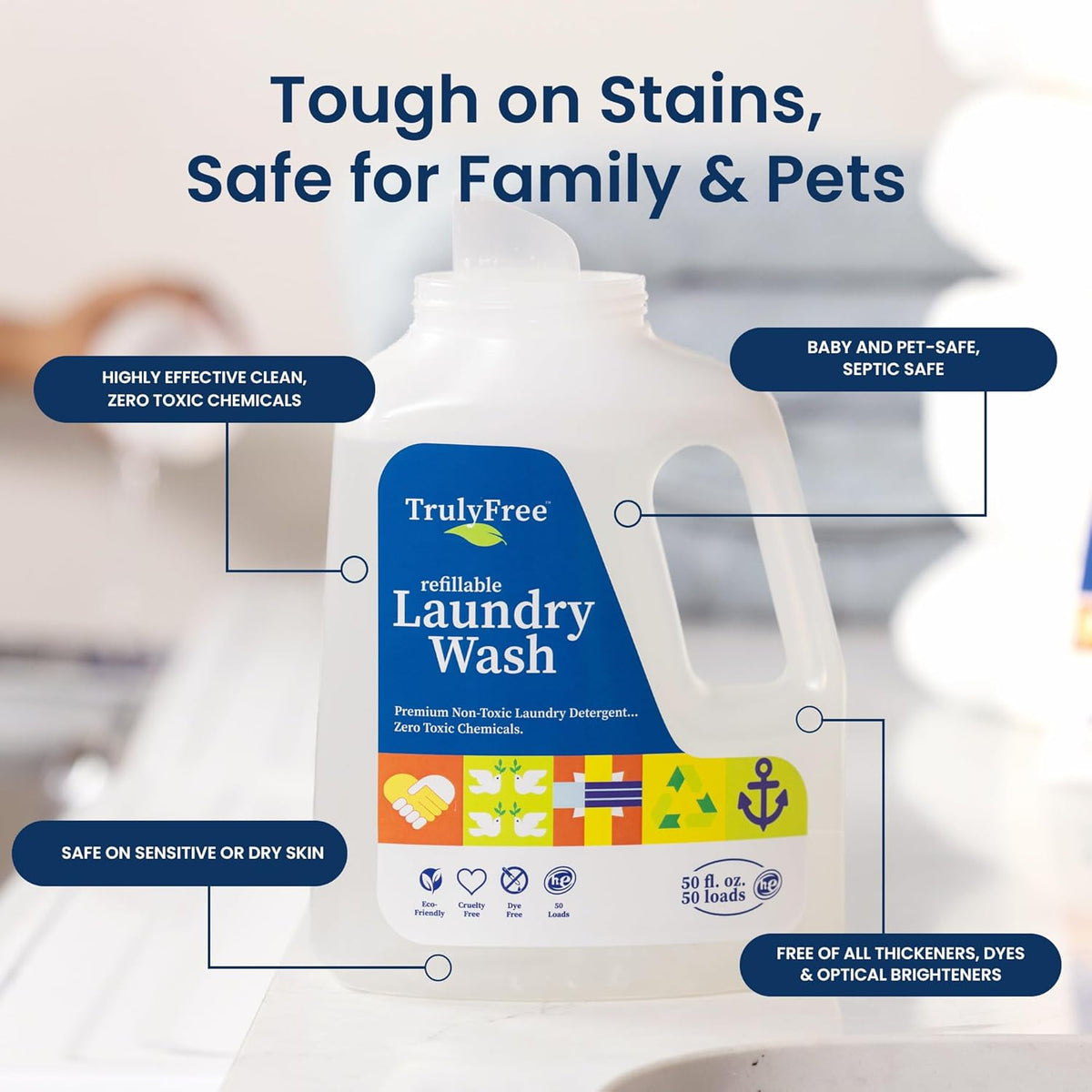 Truly Free Laundry Wash Detergent for Sensitive Skin, Gentle & Safe for Baby Clothes | Plant-Based, Natural Ingredients | Unscented | Include 1 Refillable Bottle (150 Loads)