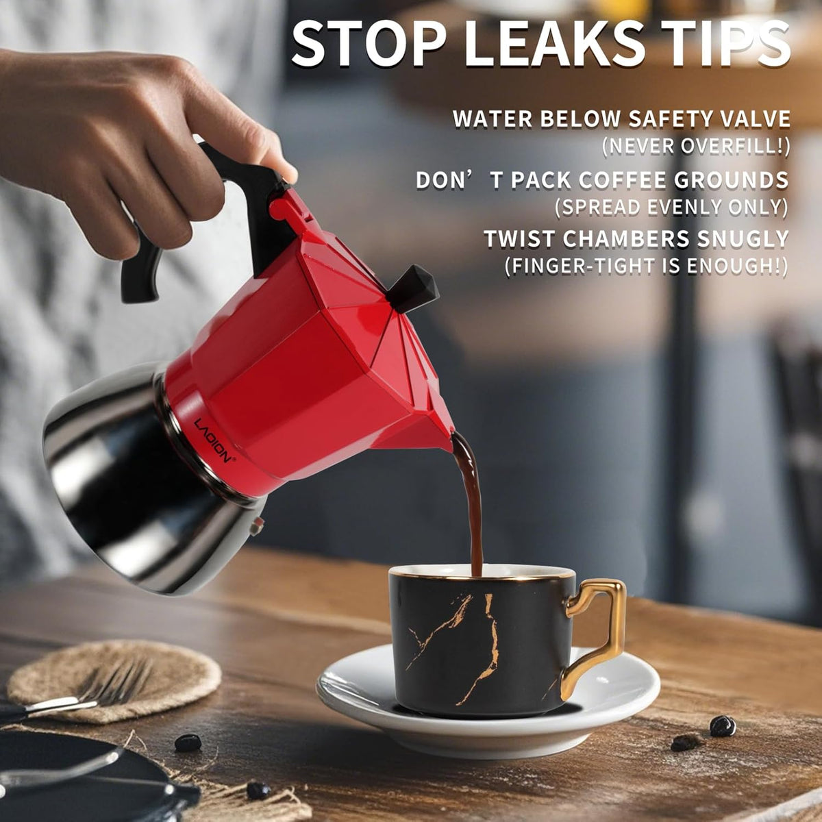 Stovetop Espresso Maker, 6Cup Moka Pot, Espresso Machine Compatible with Induction Cooktops, 300ml Stainless Steel & Aluminum Cuban Coffee Maker for Cafetera Cubana, Red