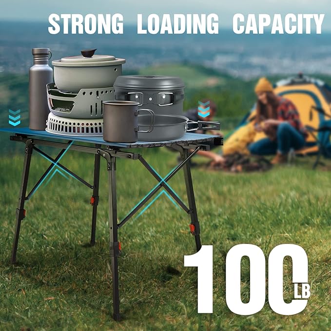 VILLEY Portable Camping Table with Adjustable Legs, Lightweight Aluminum Folding Beach Table with Carrying Bag for Outdoor Cooking, Picnic, Beach, Backyards, BBQ and Party - Blue