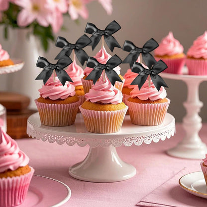 24Pcs Bow Cupcake Toppers - Black Bow Cake Topper Birthday Decorations, Bowknot Cupcake Picks for Coquette Bow Theme Party Decoration Bachelorette
