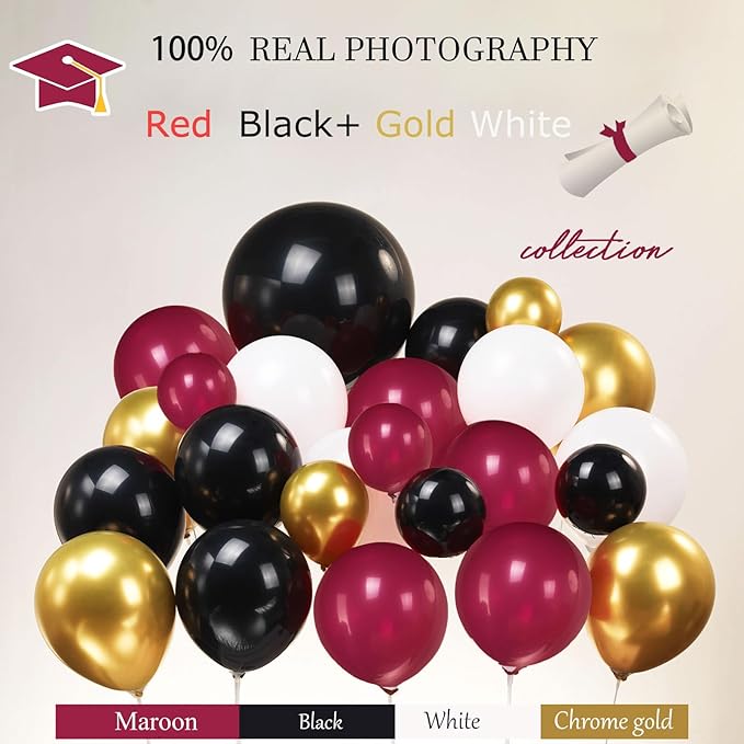 Maroon Themed Graduation Balloon Garland Arch Kit with foil Balloons for High School College students graduate class of 2026 Prom Congrats Party Decorations Backdrop (Burgundy black white gold)