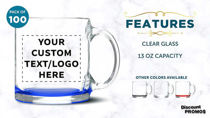 Custom Clear Glass Coffee Mugs 13 oz. Set of 100, Personalized Bulk Pack - Perfect for Coffee, Tea, Espresso, Hot Cocoa, Other Beverages - Blue Bottom