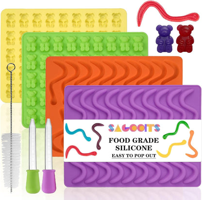 Gummy Bear and Worm Mold Silicone, No Stick Chocolate Candy Gummy Molds,Pack of 4 with 2 Droppers,SAGOOITS Large Gummy Bear Molds Candy Molds