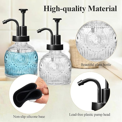 SheeChung Vintage Soap Dispenser, Kitchen Dish Soap Dispensers with Pump Mat, Glass Hand Soap Dispenser for Bathroom, Liquid, Lotion, Refillable, Rustic Farmhouse Decor-Clear (Black Pump, 2 pk)