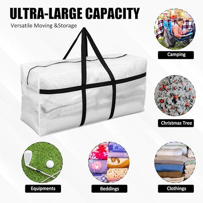 4 Pcs 66 Gallon Extra Large Moving Bags Heavy Duty Storage Bag with Strong Zipper Handle Foldable XXL Jumbo Storage Tote Packing Moving Box for College Dorm Travel Cloth Duffle (Clear)