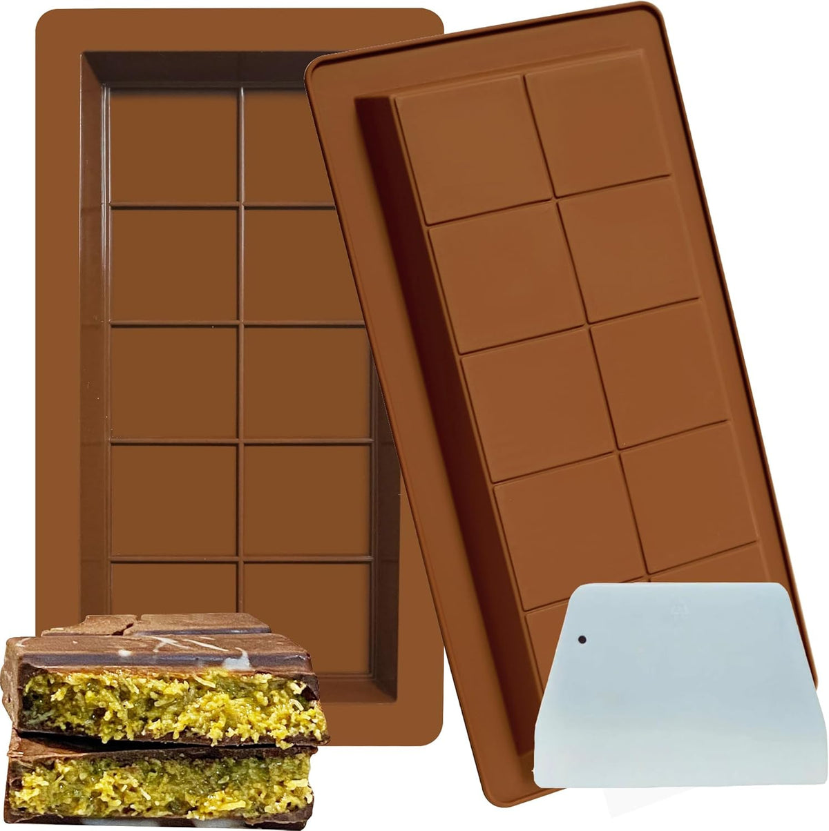 2-Pack 1 Inch Deep Large Silicone Chocolate Bar Molds with Scraper - Extra Deep & Thick Pistachio Chocolate Bar Molds for Stuffed Chocolate Bars and DIY Dubai Knafeh Chocolate Bar