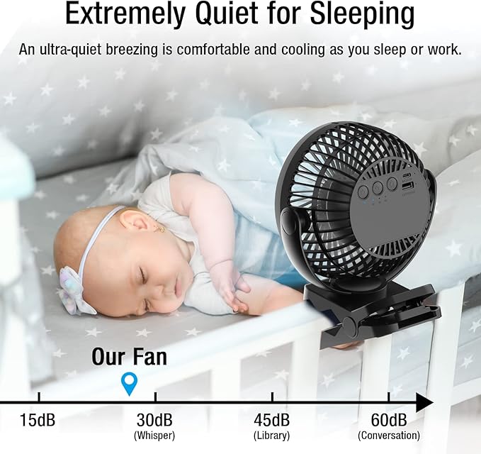 Clip on Fan 65 Hours Portable Desk Fan Rechargeable with LED Lights & Hooks 12000 Capacity Battery Operated Fan with Clips Small Desk Fan Mini Fans for Tents Travel Outdoor Camping Golf Cart, Black