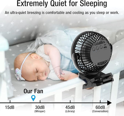 Clip on Fan 65 Hours Portable Desk Fan Rechargeable with LED Lights & Hooks 12000 Capacity Battery Operated Fan with Clips Small Desk Fan Mini Fans for Tents Travel Outdoor Camping Golf Cart, Black
