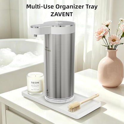 ZAVENT™ Touchless Automatic Soap Dispenser with Compact Black & White Organizer Tray for Kitchen & Bathroom Countertop, Stainless Steel Sensor Dispenser, Modern Design