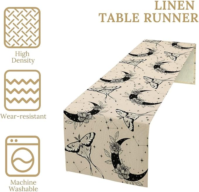 Boho Moth Table Runner,Retro Flower Moon Starlit Stars Butterfly Print Table Runner for Wedding Holiday Party Farmhouse Home Decor 13x90in
