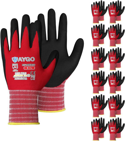 KAYGO Safety Work Gloves MicroFoam Nitrile Coated, 12 Pairs KG18NB,Seamless Knit Nylon Glove for Men and Women, Ideal for Automotive,Warehouse,Construction (L, Purple)