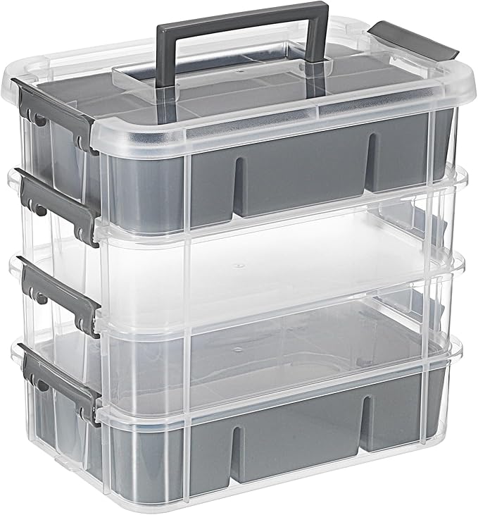 JUXYES 4-Tiers Stack Carry Storage Box With 2 Divided Tray, Transparent Stackable Storage Bin With Handle Lid Latching Storage Container for School & Office Supplies, Gray