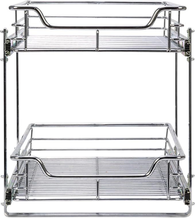 Household Essentials Glidez Multipurpose Chrome-Plated Steel Pull-Out/Slide-Out Basket Storage Organizer for Under Cabinet Use - 2-Tier Design - Fits Standard Size Cabinet or Shelf, Chrome