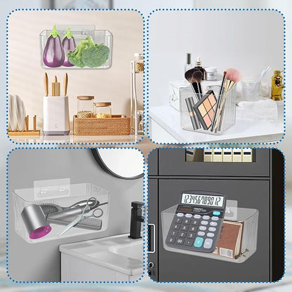 4 PCS 2 Size Plastic Adhesive Mount Over Cabinet Door Organizer, Under Sink Door Storage Shelf Refrigerator Side Storage Box, Wall Organization Container for Kitchen Bathroom Office