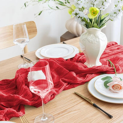 Asee'm 2PCS Easter Table Runner Cheesecloth 10FT Red Boho Gauze Fabric Rustic Sheer Cheese Cloth Runners for Valentine's Day Wedding Bridal Shower Party