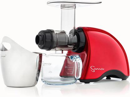 Cold Press SANA 707 Classic Horizontal Single Auger Slow/Low Speed Juicer | Easy Clean, Powerful Motor, Auto Feed, Compact, Celery Attachment, Frozen Desserts, Pasta Extrusion, 15 Year Warranty, Red