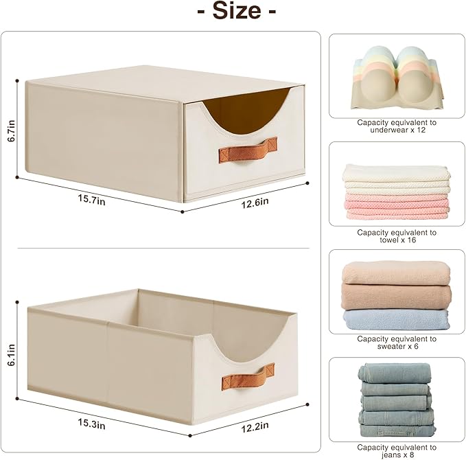 Homsorout Large Closet Organizers and Storage - Stackable Storage Bins with Drawer, Fabric Containers for Organizing, Collapsible Organizer Bins for Bedroom, 6 Pack, Beige
