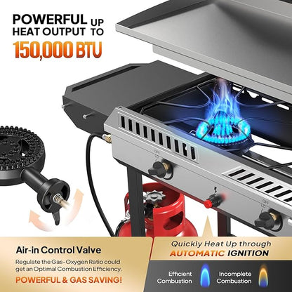 Bonnlo 2-in-1 Propane Stove and Griddle, Iginition Outdoor Gas Cooker with Storage Shelf and Portable Wheels, 2 Burner Camping Stove with 150000BTU Output for Backyard Cooking BBQ Frying and Boiling