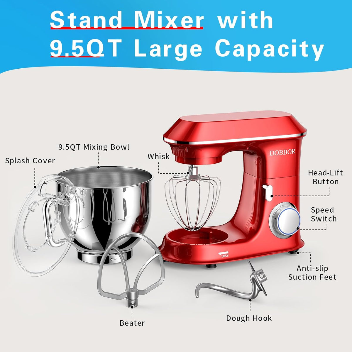 DOBBOR Electric Stand mixer, 9.5QT 660W 7 Speeds Tilt-Head Dough Mixers, Bread Mixer with Dough Hook, Whisk, Beater, Splash Guard for Baking Bread, Cake, Cookie, Pizza, Muffin, Salad and More - Red