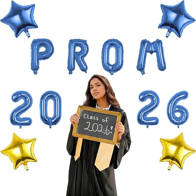 Prom 2026 Balloons Decorations, 16 Inch Foil Letter Number Balloons with 18 Inch Blue Gold Star Balloons for High School College Graduation Gift Retirement Ins Photo Party Supplies