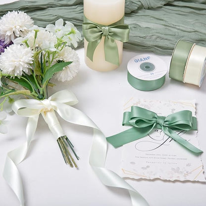 QIANF Sage Green Double Face Satin Ribbon 1 Inch x 45 Yards Moss Green Cream Fabric Ribbon for Gift Wrapping, Flower Bouquets Bows Making, Wedding Decoration, Invitations, Christmas (3 Rolls *15Yd)