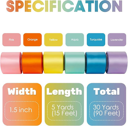 Pastel Rainbow Ribbon 1-1/2 Inch Assorted Bulk Pack Colorful Double Faced Satin Ribbon Set for Crafts, Gift Wrapping, Easter, Baby Shower, Birthday, Fiesta Party, Wedding Decor - 30Yds