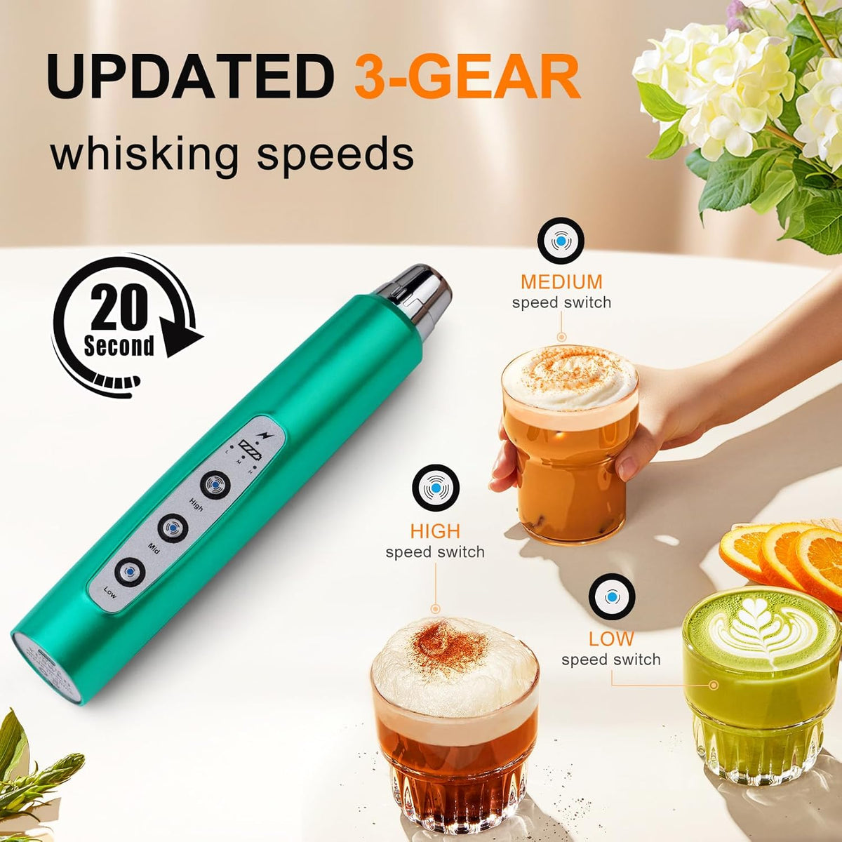 Yuswko Turquoise Handheld Milk Frother Wand for Coffee, Rechargeable Electric Whisk with 3 Heads 3 Speeds Drink Mixer Coffee Frother For Latte