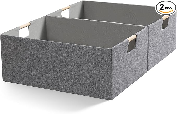 Foldable Fabric Storage Cubes, 2 Packs Cloth Storage Baskets with Wooden Handles, Collapsible Shelf Closet Organizer Bins, Rectangular Storage Boxes for Decor (Gray 2 Pack)