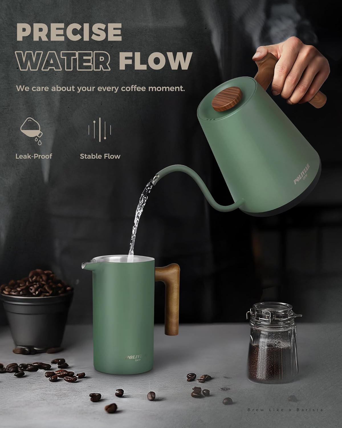Poliviar Electric Gooseneck Kettle, 1350W Electric Tea Kettle Wood Pattern Handle, 34oz Pour Over Electric Kettle for Coffee & Tea