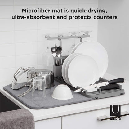 Umbra Udry Dish Rack and Microfiber Drying Mat – Space-Saving Design Folds Up for Easy Storage, Rack with Caddy, Gray