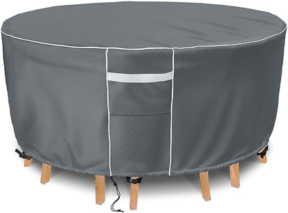 Gasadar Round Patio Furniture Cover, Waterproof Outdoor Furniture Covers for Round Table and Chairs, 600D Heavy Duty, 110" Dia x 28" H, Grey