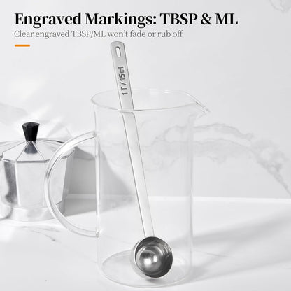 Long Handle Coffee Scoop: 8.3 Inch 18/8 Stainless Steel 1 Tablespoon Metal Measuring Spoon Tbsp Scoop for Coffee Beans, Grounds Coffee, Coffee Powder, Tea, Tall Jars (1Tbsp/15ml)