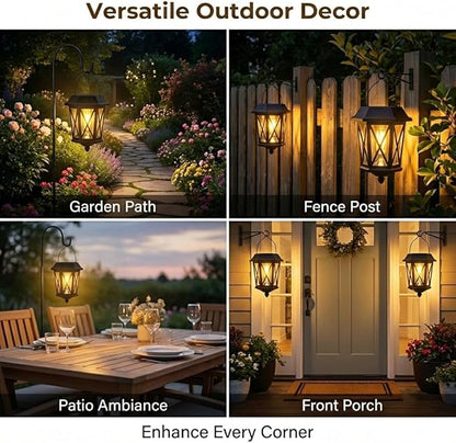 Solar Lanterns Outdoor Waterproof, Hanging Solar Lights with Glass Shade - 2 Pack LED Metal Wall Mount Outdoor Light for Yard/Garden/Patio - Black