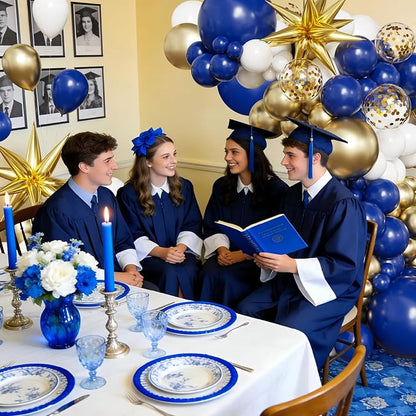 Navy Blue White Gold Balloon Arch Kit, 2026 Graduation Decorations, 130Pcs Blue Gold White Balloons with Foil Star Confetti Balloons for College High School Graduation Decorations Class of 2026