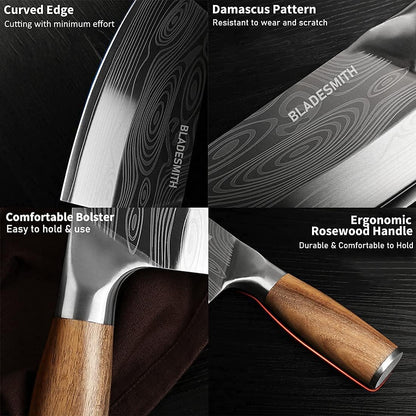 BLADESMITH Cleaver Knife for unfrozen meat and vegetable, 7" Chinese Chef's Kitchen slicer, Razor sharp HC German Stainless Steel blade with lasered damascus pattern, pearwood Handle