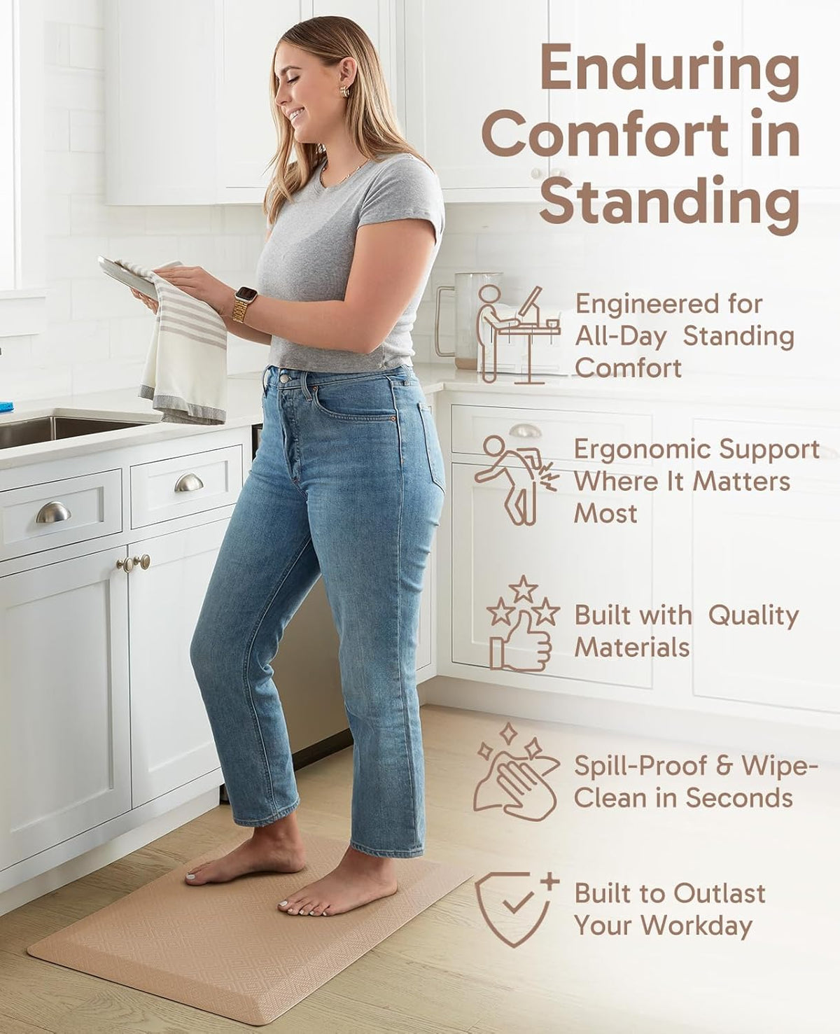 Ophanie Kitchen Mats for Floor, 3/4 Inch Thick Kitchen Rugs, 24'' x 70'' Anti Fatigue Standing Cushioned Mat, Waterproof,Comfort Ergonomic Mat for Office, Home, Sink, Beige Non-Slip Bottom