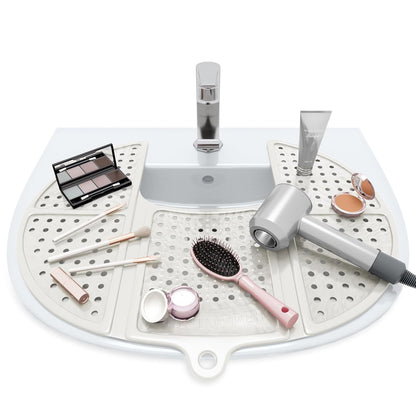 Sink Topper Bathroom Counter Cover & Storage Saver, Foldable Silicone Mat for Hot Tools, Hair Styling & Makeup, Beauty Brush Cleaning Mat, RV Camper Sink Cover & for Small Spaces (Standard Pearl)