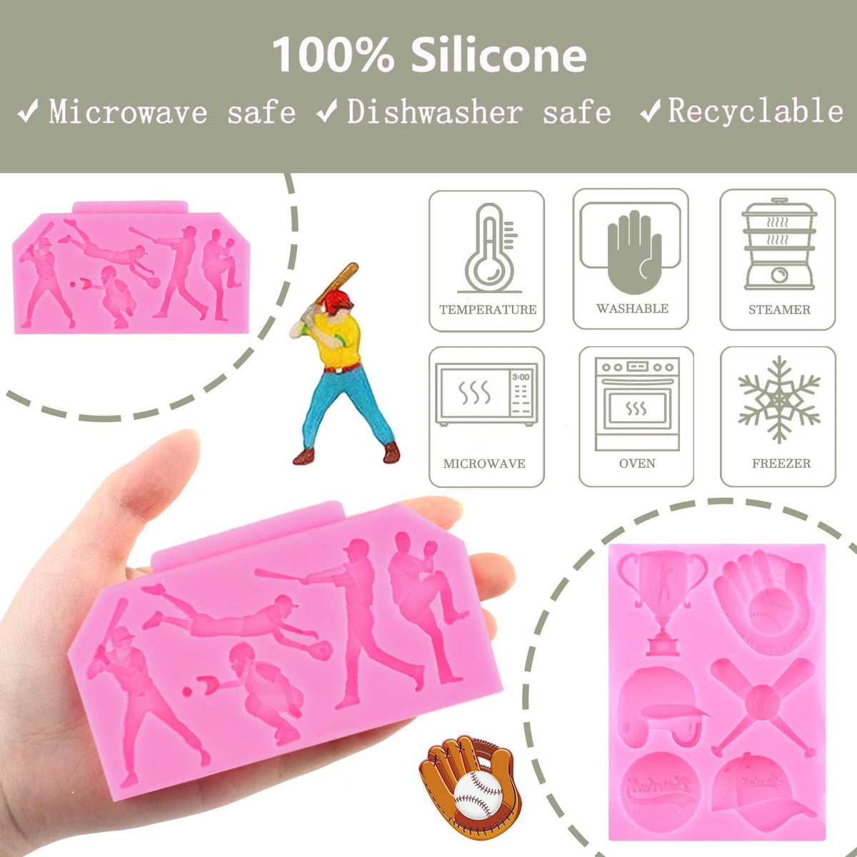 Mujiang Baseball Fondant Molds Sports Theme Silicone Molds Baseball Cap Bat Cake Decoration Mold For Cake Decorating Chocolate Gum Paste Candy