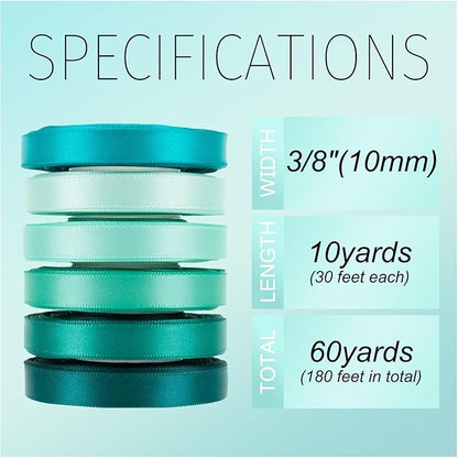 Teal Ribbon 3/8 Inch x 60Yards Double Faced Satin, Dark Teal, Aqua, Turquoise, Jade, Peacock, Mint Green, Blue and Green Ribbon for Flower Bouquet, Gift Wrapping, Wedding, Bridal Shower, Bows & Crafts