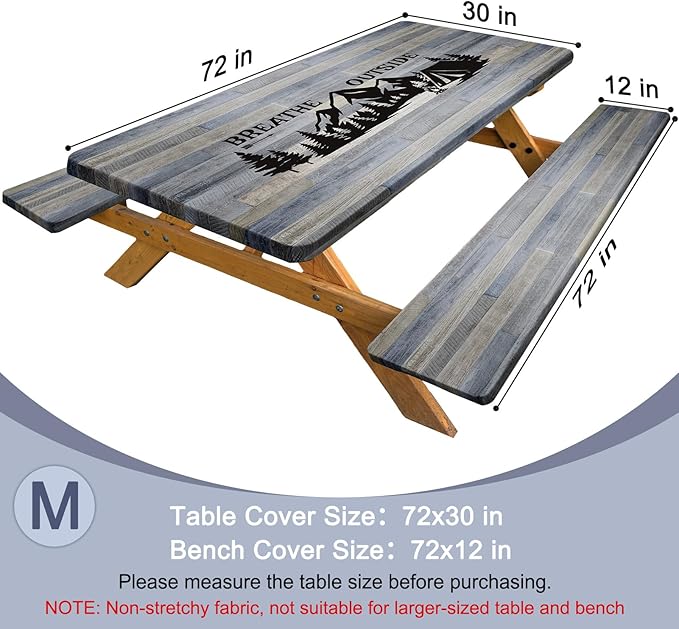 Picnic Table Cover with Bench Covers Windproof Waterproof Picnic Table Covers Camping Tablecloth with Self-Storage Bag, 72in, Gray Blue