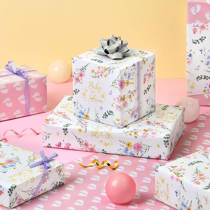 WERNNSAI Baby Wrapping Paper - 1 Roll 17” x 33 ft Baby Shower Wrapping Paper Pink Floral Gift Wrap Reversible New Born Girls 1st Birthday Present Packing Cute Foot Prints Design