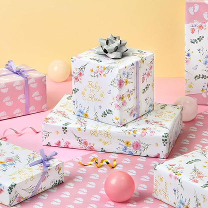 WERNNSAI Baby Wrapping Paper - 1 Roll 17” x 33 ft Baby Shower Wrapping Paper Pink Floral Gift Wrap Reversible New Born Girls 1st Birthday Present Packing Cute Foot Prints Design