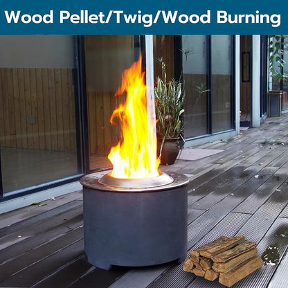 Afterglow Smokeless Fire Pit, 20.5" Round Wood Burning Stainless Steel Top & TerraFab Base, Firepit with Weather Cover Perfect for Outdoor Patio Garden, Dark Grey
