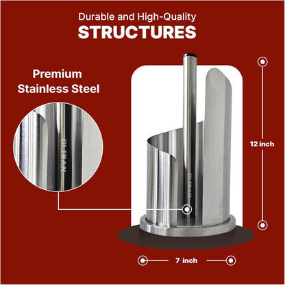 Stainless Steel Paper Towel Holder Countertop, Modern Spiral Cover Design,Keep Paper Towel Clean,Weighted Base for Stability, Freestanding Easy One-Handed Operation for Kitchen Bathroom,Silver