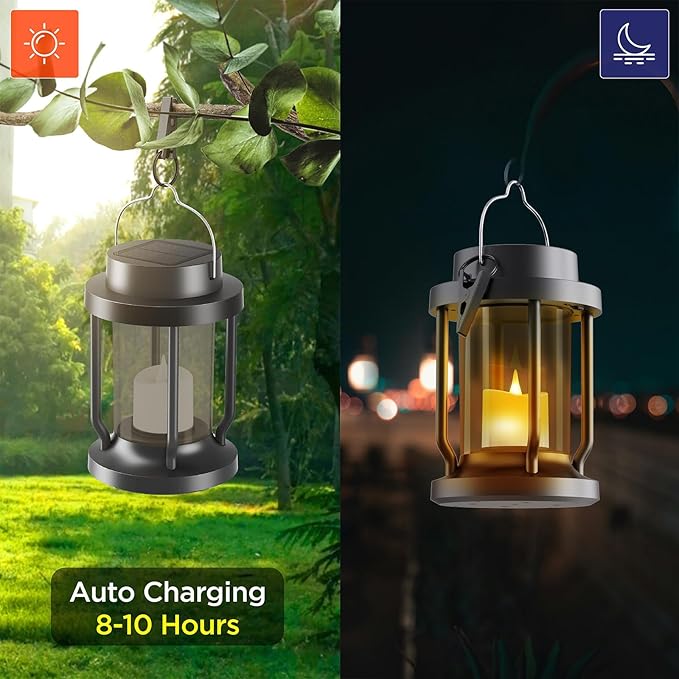 Solar Lantern Outdoor & Indoor Use – Hanging Solar Lights with Realistic Flickering Flameless Candle, Weatherproof for Gardens, Patios, Trees, and Lawns (Black + Gray, 2 Pack)