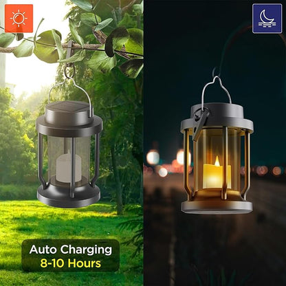 Solar Lantern Outdoor & Indoor Use – Hanging Solar Lights with Realistic Flickering Flameless Candle, Weatherproof for Gardens, Patios, Trees, and Lawns (Black + Gray, 2 Pack)