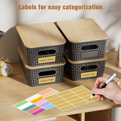 8 Pcs Plastic Storage Bins with Bamboo Lid, Stackable Storage Bins with Lids & Labels for Organizing, Storage Bins for shelves Office Drawer Cabinet & Pantry Nursery Organization,10.2x7.2x4 .1In